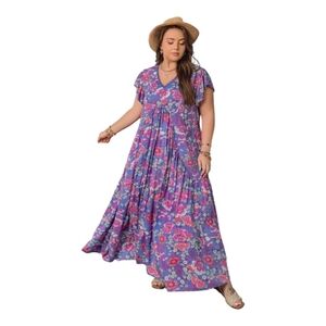 NWT Plus Size 2X Boho Floral Maxi Dress Pink Purple Flowing Vacation
